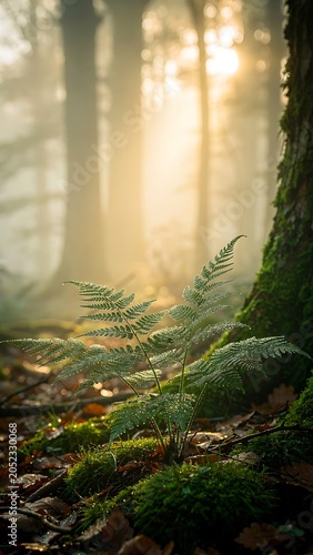 Dewy Fern on Mossy Forest Floor at Golden Sunrise with Soft Sunbeams and Bokeh Background, Nature Macro