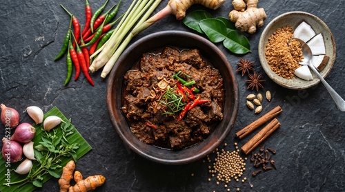 Authentic Indonesian rendang presented with traditional spices and herbs. Ideal for restaurant marketing, culinary publications, tourism campaigns, and food branding.