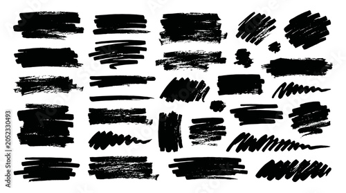 Collection of black bold brush stroke shapes on white background