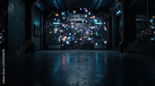 Dynamic digital interface display futuristic space visual content urban environment eye-level view technology concepts