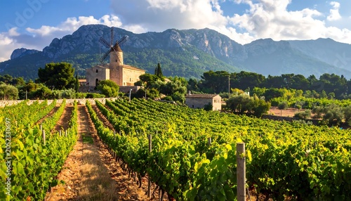 Scenic vineyard with lush green grape vines, an old stone mill, and mountains in the background under a partly cloudy sky