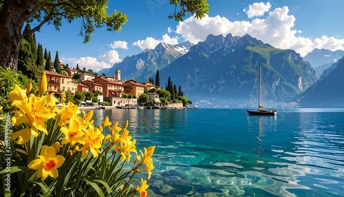 Scenic vista featuring a coastal village nestled on a serene lake, framed by mountains & blooming yellow flowers under a bright blue sky