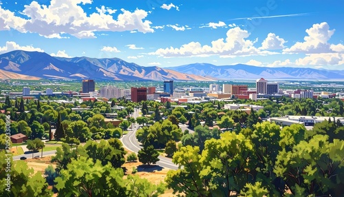 Scenic vista featuring a cityscape nestled amidst lush greenery and distant mountains under a bright, sunny sky