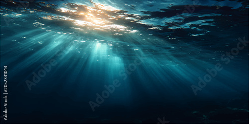 Canvas Print Sun Rays Shining Through Deep Blue Ocean Water in a Beautiful Underwater World S