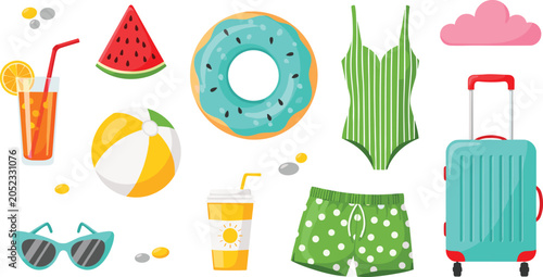 Foto Summer Vacation Essentials Collection Set Featuring Swimwear Luggage Donut Beach