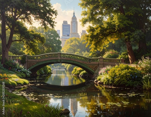 Scenic vista featuring a stone bridge over a calm waterway, lush greenery, and distant skyscrapers. The image suggests tranquility