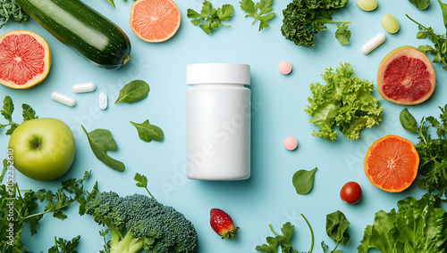 Healthy eating and supplement concept featuring a white bottle surrounded by fresh fruit vegetables and medical pills on a light blue background