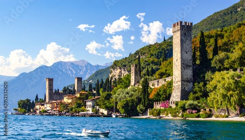 Scenic vista featuring medieval castle ruins along a tranquil lake, under a vibrant blue sky with rolling hills