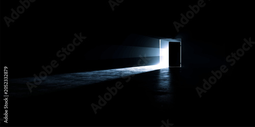 Obraz na płótnie Light at the end of a dark tunnel with glowing blue light in a night space backd