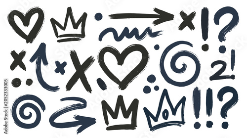 Brush drawn symbol collection with hearts crowns arrows and marks