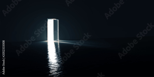 Tablou pe pânză A 3D illustration of an open black door at night with bright blue spotlight flas