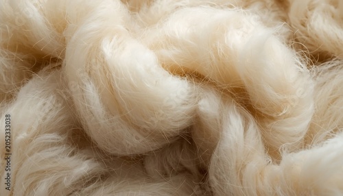 Closeup of soft, fluffy raw wool fibers in a natural cream color, showcasing the delicate texture and organic quality of the material