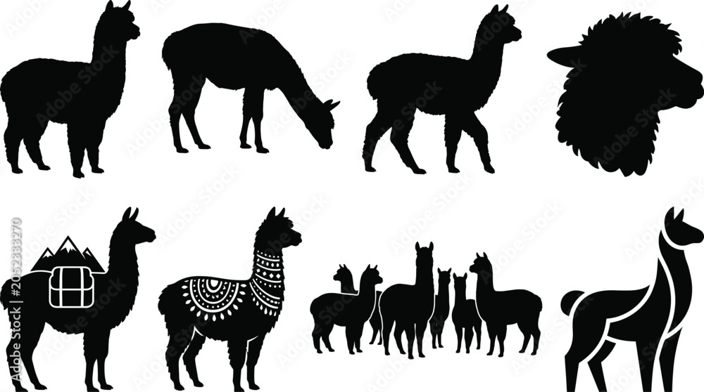 Obraz premium Set of solid black llama and alpaca silhouettes featuring decorative patterns, mountain packs, and herd compositions isolated