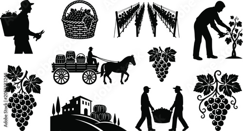 Bild auf Leinwand Set of solid black vineyard and winemaking vector silhouettes featuring farmers