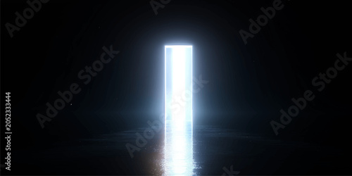 Foto An abstract 3d illustration of an open door to the bright blue sky and heaven wi