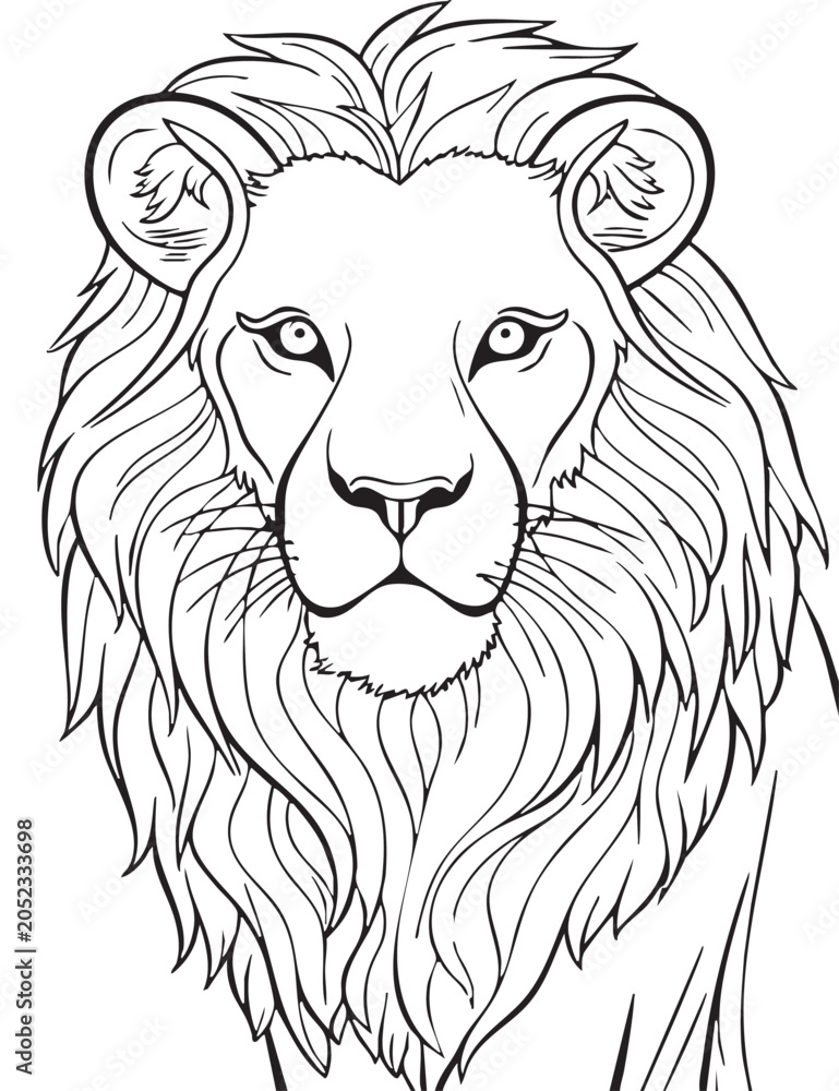 Obraz premium Detailed line drawing of a lion s head and mane a black and white illustration