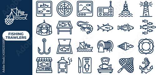 Konstfotografi Fishing Trawler and Seafood Industry outline icon set
