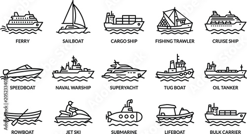Quadro su tela Silhouette of various boats and ships isolated on transparent background