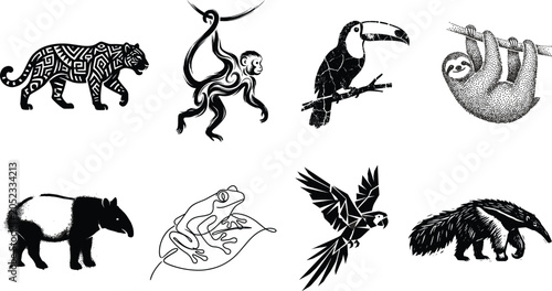 Canvas Print Collection of black and white tropical rainforest animal silhouettes featuring e