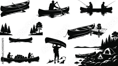 Fotografie Collection of solid black canoe silhouettes featuring paddling, fishing, portage