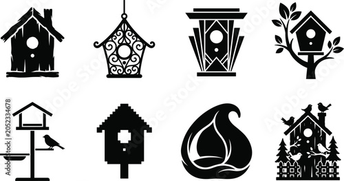 Schilderij op canvas Collection of solid black birdhouse silhouette icons featuring various feeder de