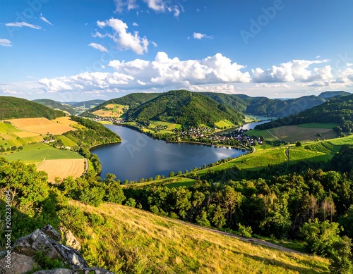 Scenic vista of a vast lake nestled between rolling hills and lush green valleys under a bright blue sky