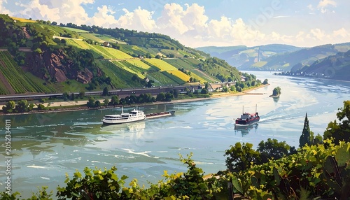 Scenic vista of a wide river flowing through a lush valley. Rolling hills with vineyards and small boats are visible. The sky is bright