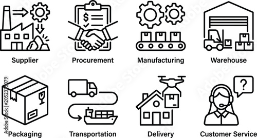 Supply chain logistics icons set silhouette isolated on transparent background