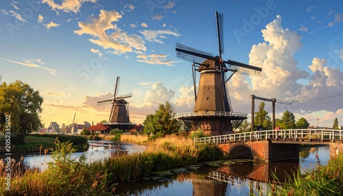 Scenic vista of classic architecture. Two prominent windmills stand tall on riverbank, bridge in foreground, clear sky above