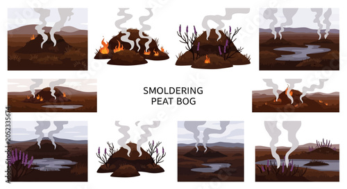 Tableau sur toile A grid of cartoon illustrations depicting smoldering peat bogs with smoke plumes