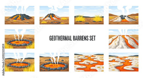A set of ten illustrations depicting geothermal barren landscapes featuring lava flows steaming vents and hot pools