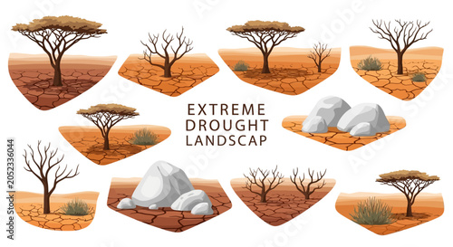 Bild auf Leinwand Collection of nine isolated landscape patches featuring acacia trees bare trees
