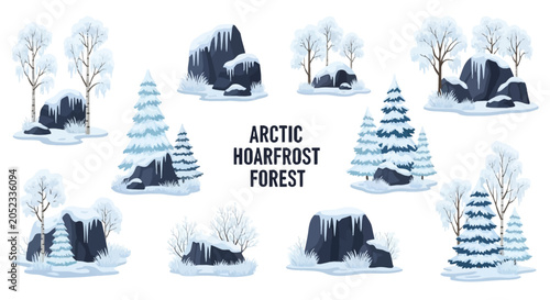 Collection of stylized flat vector illustrations featuring snowcovered rocks coniferous trees and birch trees
