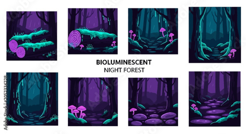 Foto Eight stylized panels depicting a bioluminescent forest at night with glowing lo