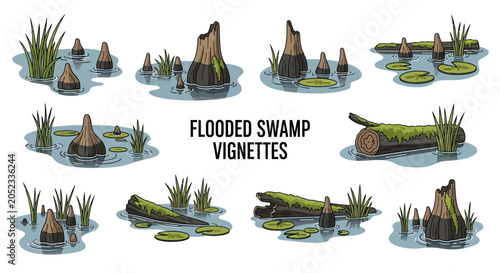 Foto Eleven isolated cartoon vignettes featuring marshy swamp environments with water