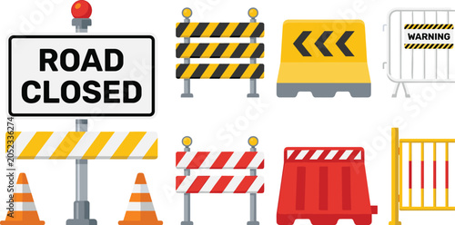 Schilderij op canvas Road construction barrier and traffic safety element vector illustration set fea