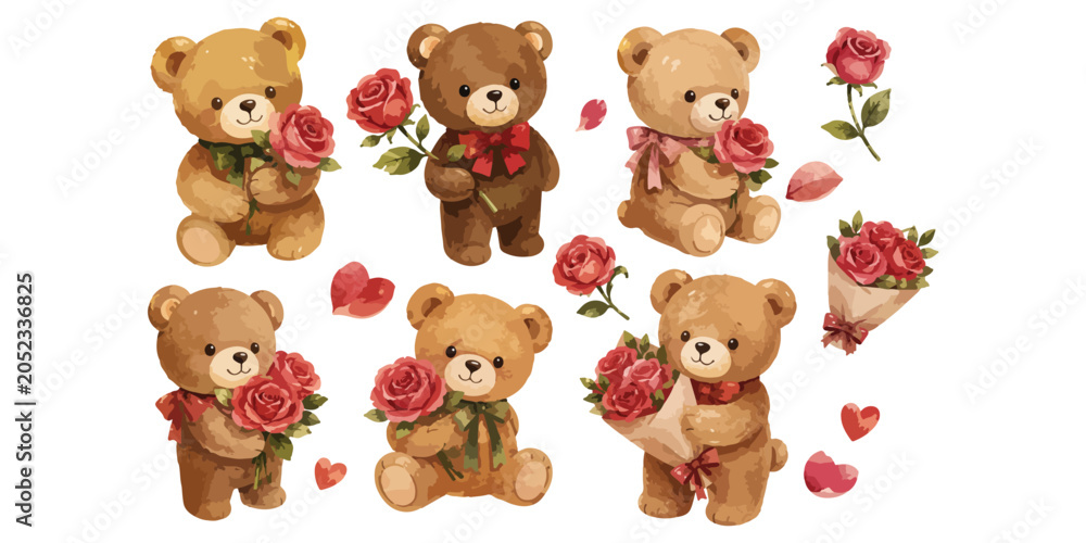 Fototapeta premium Watercolor Teddy Bear Clipart Set Holding Red Rose Bouquets