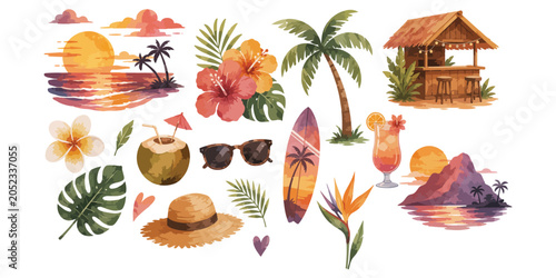Watercolor Tropical Beach Vacation Clipart 