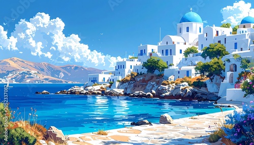 Seaside village with white buildings and blue domes overlooks a clear turquoise bay on a sunny day with fluffy clouds