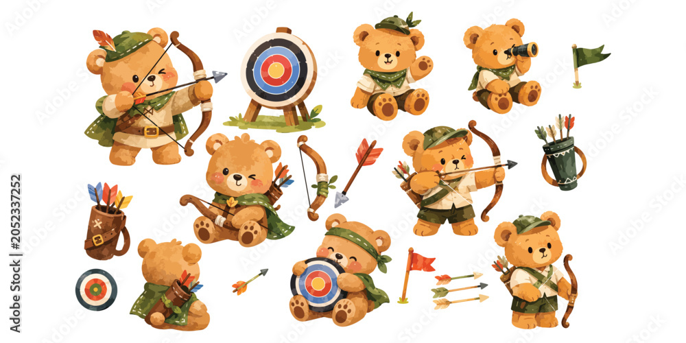 Fototapeta premium Watercolor Archery Teddy Bear Clipart