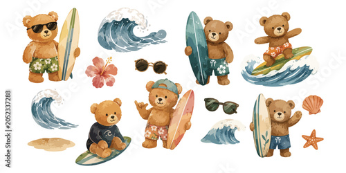 Photography Watercolor Surfing Teddy Bear Clipart