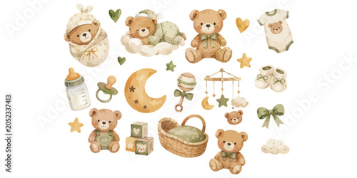 Obraz na plátně Watercolor Sage Green Baby Shower Teddy Bear Clipart