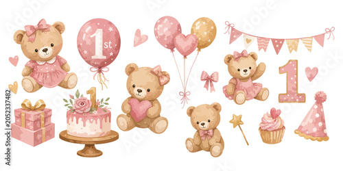 Tableau sur toile Watercolor Pink First Birthday Teddy Bear Clipart