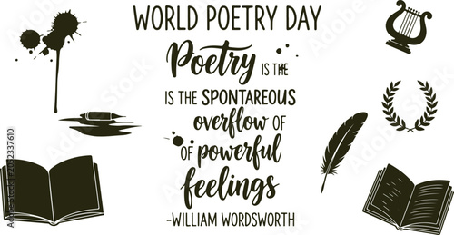 Fotografía World poetry day quote by william wordsworth book feather laurel wreath and ink blots for literature