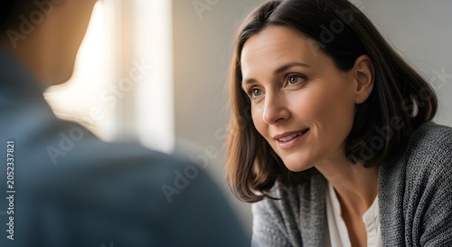Empathetic middle aged woman listening attentively to another person in a bright professional office or home environment