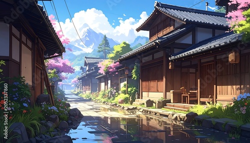 Serene anime-style street scene featuring traditional wooden houses, cherry blossoms, and a mountain backdrop reflected in water