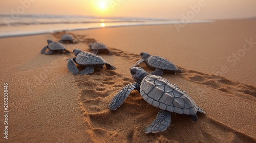 Little hatchlings make their arduous journey across the sandy beach at sunset, an inspiring scene of new life and determination entering the vast ocean, under a warm, glowing sky