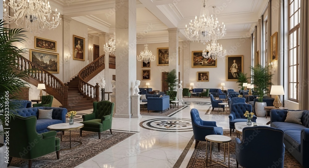 Fototapeta premium Luxurious hotel lobby with ornate staircase and plush seating. Elegant interior design.