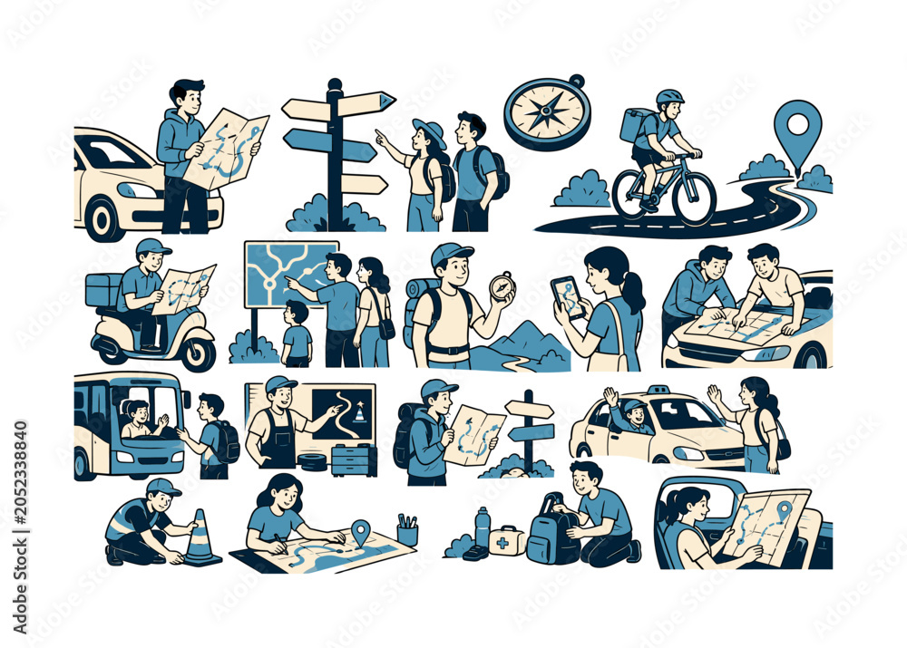 Fototapeta premium Road Navigation Routes collection of digital illustrations showing travel navigation scenes: driver checking map, cyclist following route pin, delivery courier choosing road, family reading highway