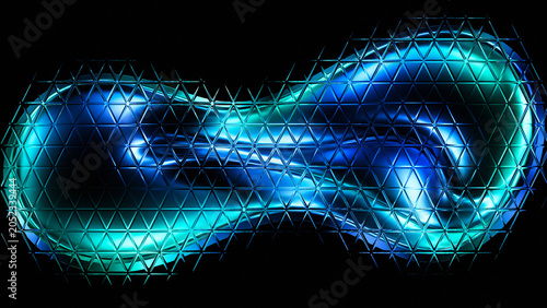 Futuristic Neon Blue Liquid Glass Mesh Distortion Wave with Geometric Grid Effect - Modern Tech Background, 3D Glossy Surface